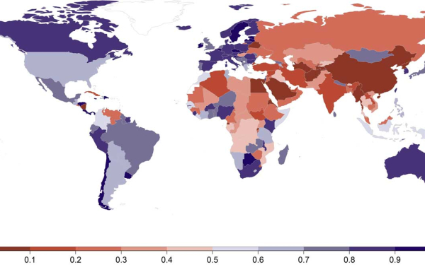 Eine eingefärbte Weltkarte. Rote Bereiche zeigen Regionen mit eingeschränkter Wissenschaftsfreiheit an, dies sind vor allem Asien, Eurasien und Teile Afrikas. Blaue Bereiche Regionen mit großer Akademischer Freiheit, dies sind Europa, südliche Teile Afrikas und die beiden Amerikas. 