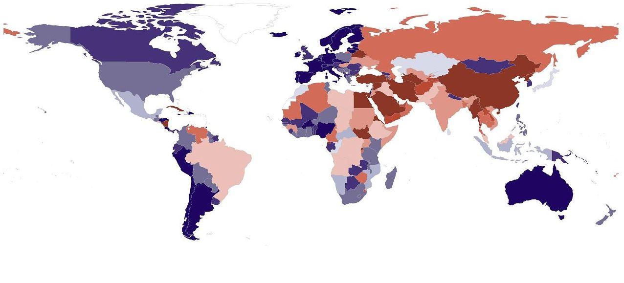 Weltkarte mit unterschiedlich eingefärbten Regionen