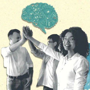 Illustration mit drei Personen, die sich in der Mitte abklatschen